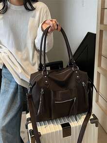 1个深棕色荔枝纹大容量手提包，多拉链口袋设计，可转换手提/斜挎，复古机车风格，多功能通勤/上学包，女士 - 咖啡棕 - 查看 8