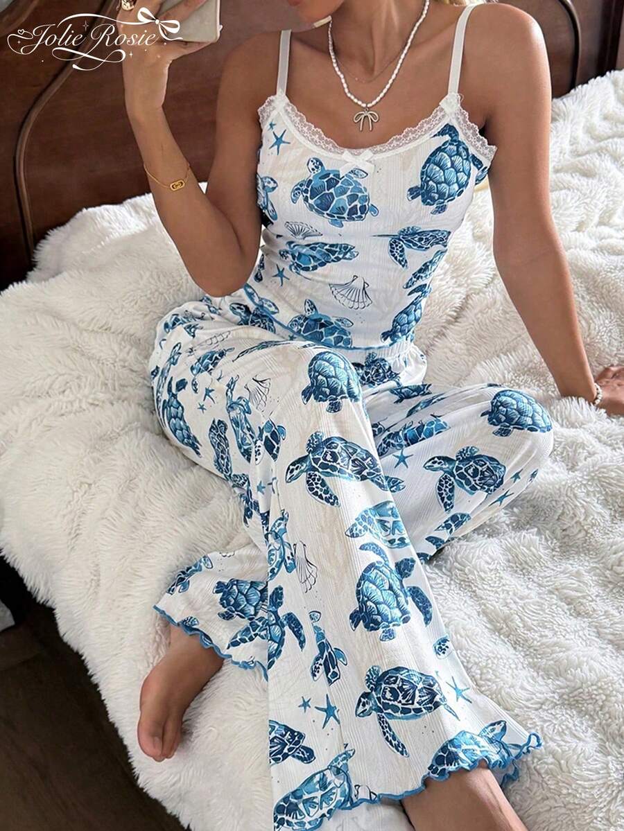 Women's Fresh Ocean Print Camisole Set - Lace Trim Neckline + Flowy Wide Leg Pants, Skin-Friendly Breathable Loungewear/Vacation 2 Pieces Set