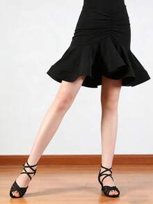 女士优雅黑色交叉绑带拉丁舞鞋，低跟设计，适合莎莎舞、交谊舞和探戈。 - 黑色 - 查看 4