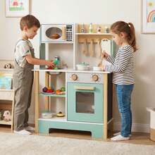 Play Kitchen With Chalkboard Microwave Stove Dish Rack Faucet Sink Accessories - Green - View 1