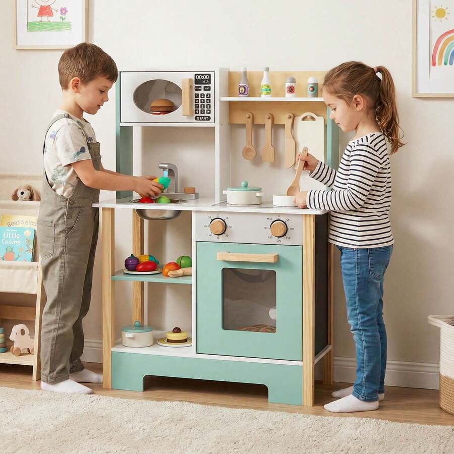 Play Kitchen With Chalkboard Microwave Stove Dish Rack Faucet Sink Accessories - Green - View 1