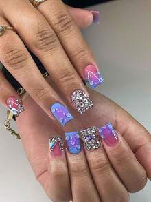 Bộ 24 móng giả vuông ngắn đính đá 3D, móng giả kiểu Pháp dán gel vừa khít, bao gồm 1 lọ gel dán và 1 dũa móng, thích hợp cho móng tay mùa hè và kiểu móng Pháp, dùng hàng ngày và dự tiệc cho phụ nữ và bé gái. - Nhiều màu - Xem 8