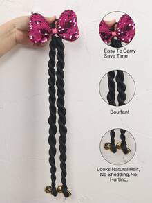 2pcs Kids 20inch Braided Ponytail Synthetic Hair Extension With Bow,With Bead In The End, High Elasticity Hair Tie Design,Ponytail Accessories - Natural Black - View 8