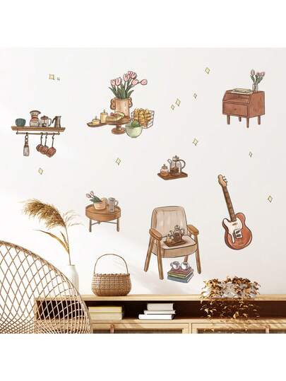 Hình dán tường tự dính chủ đề ghế sofa cổ điển, bộ ấm trà, tủ hoa, đàn guitar cho phòng ngủ và phòng khách, chủ đề cổ điển đầy sáng tạo, chất liệu PVC, tranh dán tường ngộ nghĩnh, trang trí nhà cửa, thiết kế dễ thương, nhiều màu sắc, có thể tháo rời, hình dán tường nghệ thuật.