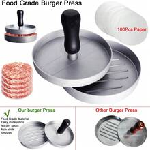 KCJLHGT Prensa de hamburguesas, molde de hamburguesa de aluminio antiadherente con 100 papeles para hamburguesas - Plateado - Ver 2