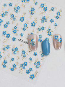 5 Stück zufällige wunderschöne 3D Goldfolie Blumen Nail Art Aufkleber, süße rosa/blaue/orange Blumen selbstklebende Nail Decals - Verschiedenfarbig - Übersicht 5