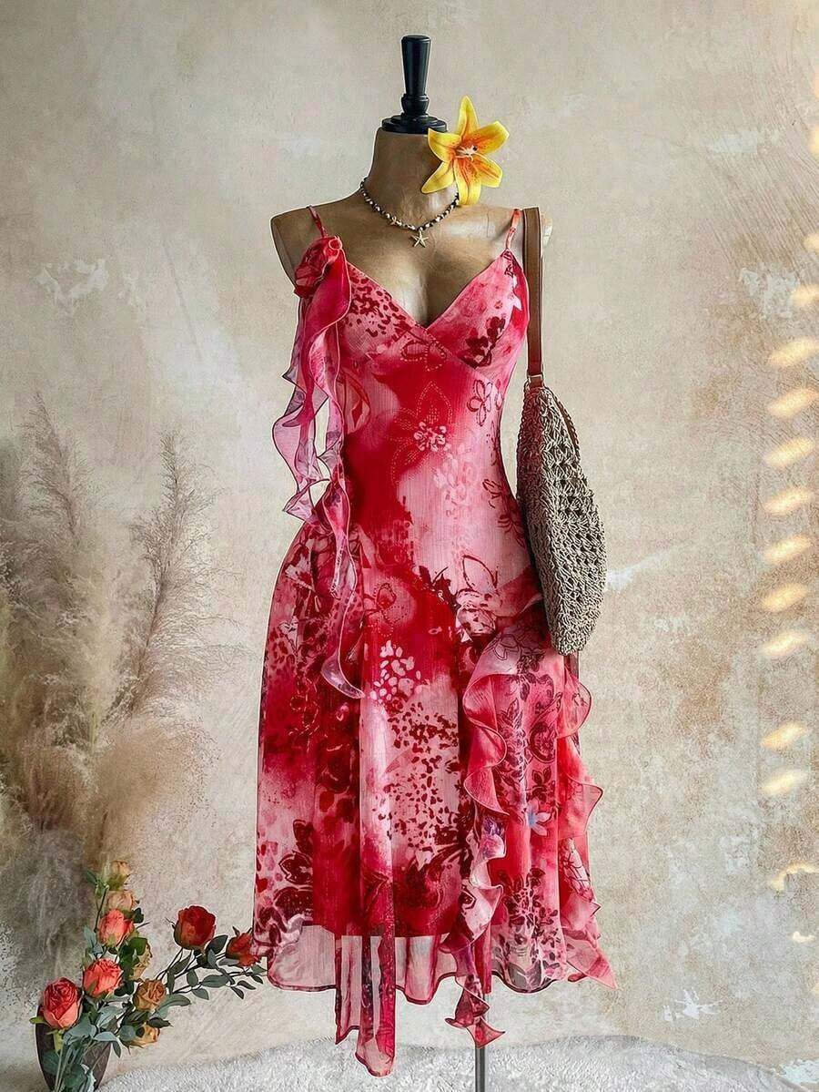 WYWH Vacation Retro Bohemian Animal Print Tie Dye Jellyfish Frill Trim 3D Floral Satin Chiffon Dress - Red - View 1
