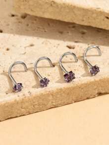 4pcs/Set Versatile Fashion Accessories - Round Star, Heart, Square Cubic Zirconia Nose/Lip/Cartilage Studs, 0.8x7mm Stainless Steel Nose/Ear Rings, Suitable For Women Body Piercing Jewelry - Bent Rod Nose Pin 4-piece Set - View 4