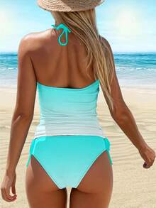 Women'S Tankini Swimwear Featuring A Pirate Skull And Crossbones Design, Perfect For Halloween And Rave Parties. This Elegant Bathing Suit Is Ideal For Beach Outings, Pool Gatherings, And Water, Showcasing A Cute Style, Durable Fabric - Light Blue - 查看 4