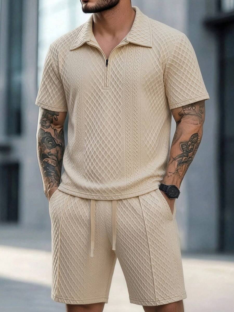 Men's Short Sleeve Round Neck T-Shirt With Drawstring Waist Shorts Set, Suitable For Casual, Vacation, Party, Office, Simple Business And Other Occasions. Suitable For Self-Wear Or Gift To Friends - Khaki - View 1