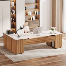 LITTLE TREE 85.8" L Shaped Executive Office Desk, Large Corner Computer Desk With File Drawers Storage Cabinet, Adjustable Shelves CPU Compartment Home Office Workstation, Easy Assembly Business Furniture, White&Walnut - White & Walnut - View 2
