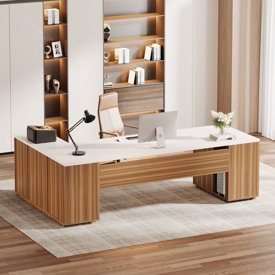 LITTLE TREE 85.8" L Shaped Executive Office Desk, Large Corner Computer Desk With File Drawers Storage Cabinet, Adjustable Shelves CPU Compartment Home Office Workstation, Easy Assembly Business Furniture, White&Walnut