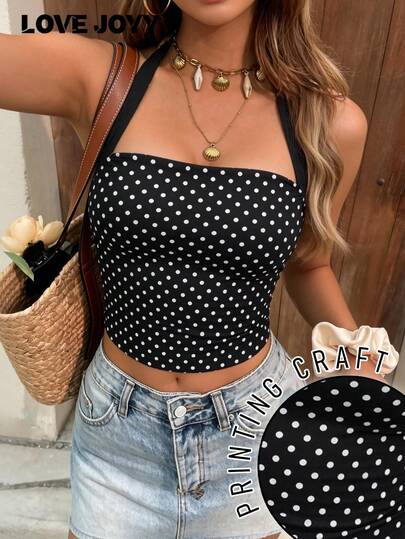 LOVE JOYY Women's Y2K Polka Dot Print Halter Neck Black Cami Tank Top, Slimming Backless Sleeveless Crop Top, Suitable For Summer Casual Daily Outings, Dates, Vacation & Beach Wear