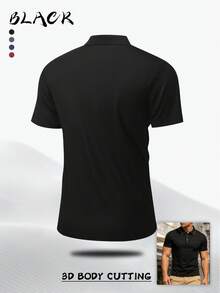 男士休闲运动短袖 Polo 衫，翻领，速干透气，弹性面料，纯色，夏季款 - 黑色 - 查看 3