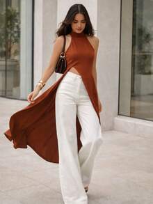 Women's Longline Blouse With Asymmetrical Side Cutout, High Neck, Elegant, Flowy, Modern - 紅陶 - 查看 2