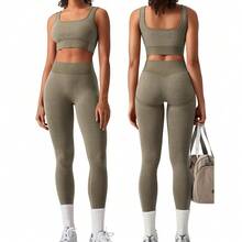 OLCHEE Womens Workout Sets 2 Piece Seamless Square Neck Sports Bra Padded Butt Lifting Leggings High Waist Yoga Gym Outfits - 橄欖綠 - 查看 1