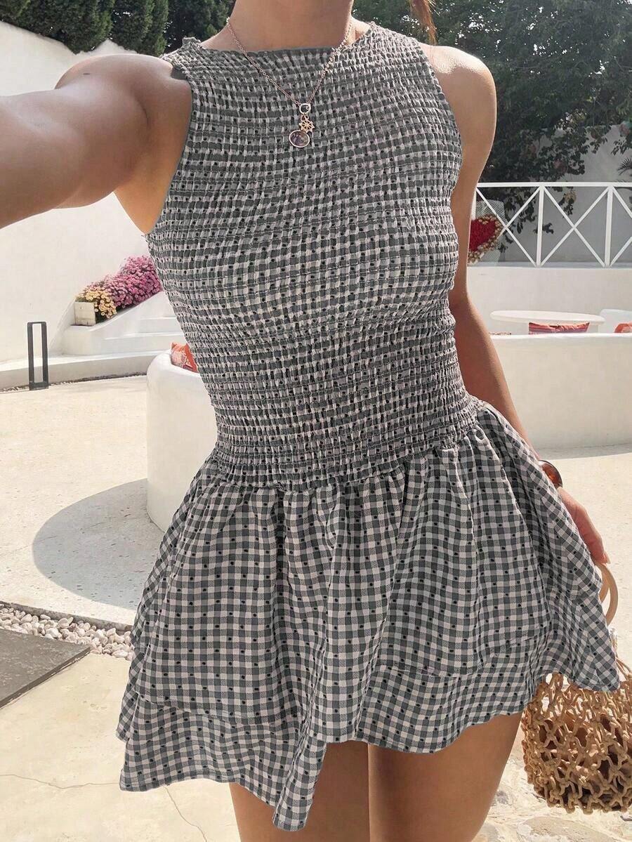 Vestido mini ajustado sin mangas a cuadros azules, estilo francés dulce para vacaciones, primavera/verano - Multicolor 2 - Ver 1
