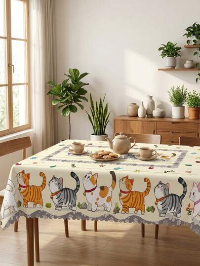 1 Stück beige süßer Cartoon Katze & Pfötchen-Muster rechteckige Tischdecke, verspielter Cottagecore Katzenliebhaber Polyester fleckabweisende wasserdichte Tischdecke mit geschnitztem Rand, öl- und staubdicht, waschbar und wiederverwendbar, ideal für Küchen von Katzenliebhabern, Familienmahlzeiten, tägliche Heimdekoration, unverzichtbares Küchen- und Haushaltsutensil