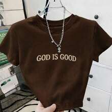 Women's Cropped Top With 'GODISGOOD' Print "GOD IS GOOD" Is Elegant, Sophisticated And Made Of Comfortable Fabric. Short Sleeves, Round Neck. - Rỉ Nâu - Xem 1