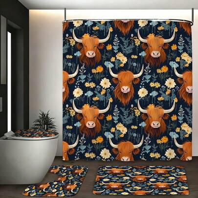 1/3/4件套高原牛与野花清新自然浴室套装，清新舒适，充满夏日气息，家居装饰，浴室帘，浴室配件套装，包含浴帘和浴室帘套装。多种尺寸浴帘及配套套装可选，采用耐用防霉涤纶面料，装饰性浴室套装包含浴帘、U型马桶垫、防滑地垫、马桶盖套和12个浴帘挂钩，适合作为母亲节礼物或开学季礼物。