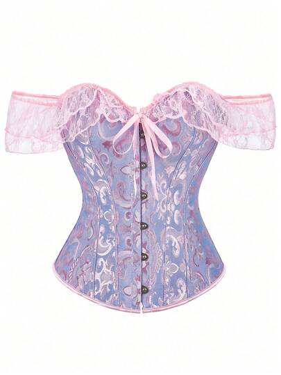 Women's Off Shoulder Jacquard Waist Corset Top, Lace Strap, Palace Style Shapewear, New Year Party, Valentine's Day, Holiday Tops, Halloween Costume, Vintage Summer