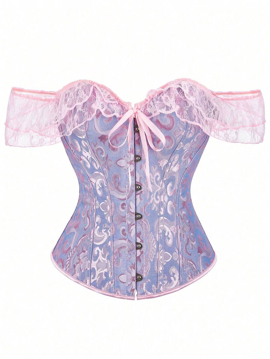 女士露肩提花束腰上衣，蕾丝肩带，宫廷风塑身衣，新年派对，情人节，节日上衣，万圣节服装，复古夏季 - 彩色 - 查看 1