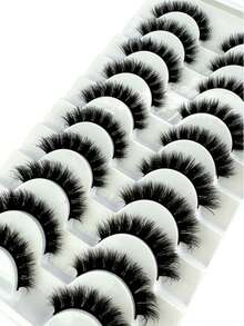 10 Pairs Fluffy False Eyelashes, Soft And Fluffy, Handmade, Reusable, Short Natural Style, Thick 5D Faux Mink False Eyelashes, 5D Cilioss False Eyelashes - Black - View 2