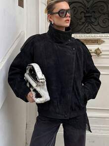 女士春季新款时尚纯色仿皮夹克，休闲夹克，复古立领，拉链口袋，高街风格街头服饰黑色 - 黑色 - 查看 6