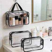 In Stock Transparent Zipper Cosmetic Bag, Waterproof Portable Unisex Makeup Pouch, Suitable For Travel, Business, Bathroom And More - Black - View 3