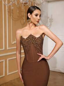 Girsdy Brown Spring/Summer Elegant Knit Strapless High-End Formal Dress, Handmade Beaded & Rhinestone Embellished, Bodycon Sexy Backless Mermaid Maxi Dress For Gala, Prom, Graduation, Sleeveless Cold-Shoulder Design Party Wedding - Brown - View 9