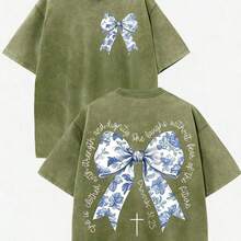 2026 Summer Clothes(230g T-Shirt) Oversized Washed Cotton "Faith Over Fear" Floral Graphic Christian T-Shirt, Casual Soft Short Sleeve, Breathable Ret - 軍綠色 2 - 查看 1