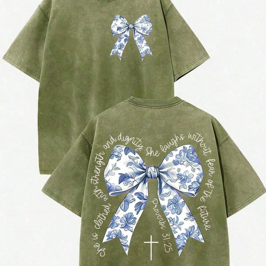 2026 Summer Clothes(230g T-Shirt) Oversized Washed Cotton "Faith Over Fear" Floral Graphic Christian T-Shirt, Casual Soft Short Sleeve, Breathable Ret - 軍綠色 2 - 查看 1