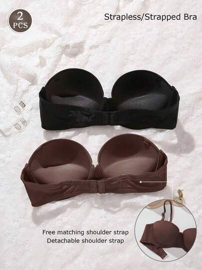 2件装纯色无缝钢圈女士聚拢文胸，可拆卸肩带，露肩文胸，无肩带新娘文胸