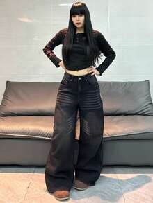 1 chiếc quần jeans ống rộng nữ thời trang, chất liệu denim rách thêu họa tiết, dáng rộng thoải mái, đa năng, thích hợp cho mọi mùa và kỳ nghỉ. - màu đen - Xem 8