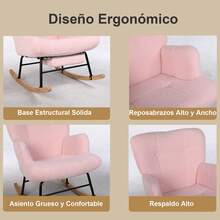 Silla Mecedora para Salón, 450 Libras, con Patas de Madera y Estructura de Hierro de Alta Calidad, Relleno de Espuma de Alta Resiliencia, Silla cómoda con Tapizada en Felpa Teddy, Asiento y Respaldo Acolchados, Elegante y Cómoda, Ideal para Sala de Estar, Recámara, Guardería - Rosa - Ver 4