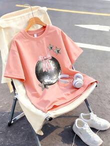 This Casual Set Suitable For Girls Consists Of A Pink T-Shirt With Creative Text Print Paired With Light Pink Flare Pants. Whether For School, Shopping, Creating A Street Style Look, Or Vacationing, This Is An Excellent Choice. - Pink - View 5