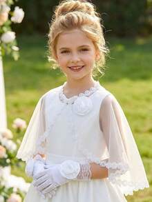 2pcs/Set Girls' White Floral Shawl + White Floral Satin Gloves, 2-Piece White Princess Style Shawl, Wedding Photography Prop, Wedding Decoration, Party Photo Booth Prop, Wedding Supplies - 2PCS - View 6