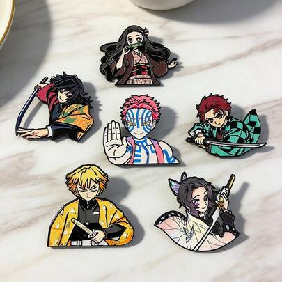 1/6 piezas Conjunto de alfileres de esmalte de estilo anime - Insignias de personajes de Demon Slayer, pines kawaii de Tanjiro, Nezuko, Giyu, Shinobu para mochilas, chaquetas y sombreros, alfileres de solapa de aleación de zinc como regalo de joyería para fans y cosplay