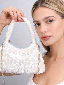 1 chiếc túi xách Hobo đính kim sa lấp lánh, túi đeo vai dây xích màu trắng lấp lánh, ví cầm tay dự tiệc cưới/dạ hội cho nữ. - trắng - Xem 6