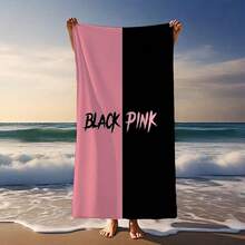 1条超大号黑粉双色沙滩巾，印有醒目的“BLACK PINK”字样 - 轻盈、高品质涤纶材质，速干、防沙，适合游泳、水疗、户外和居家使用 - 多功能便携式毛巾和野餐垫，超强吸水超细纤维毛巾 - A - 查看 2