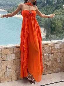 Women's Sexy Orange Spaghetti Strap Backless Ruffle Rhinestone Star Dress, Lining, Suitable For Vacation, Beach, Wedding Guest Elegant - Orange - View 9