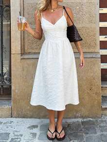 女士春夏法式优雅提花V领吊带A字中长连衣裙，白色，适合度假、婚礼宾客穿着 - 白色 - 查看 3