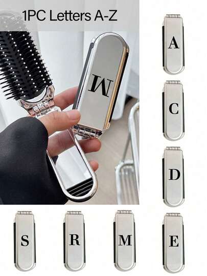 1pc 2-In-1 Silver-Plated Folding Comb & Makeup Mirror - Portable, Desktop Design, Foldable 180 °, Alphabet Initials A-Z Pattern, Senior Multifunctional Massage Comb With Mirror, Modern Travel Beauty Tool, Folding Comb With Makeup Mirror, Convenient To Carry, Dual-Purpose Air Cushion Comb, Scalp Massage Brush, Hair Styling Tool, Travel Essential, Suitable For Outdoor, Office And Back To School