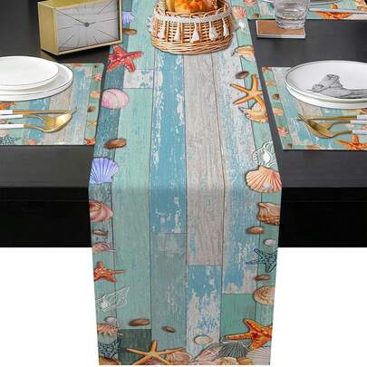 Summer Starfish & Seashell Pattern Table Runner, Coral Wood Retro Tropical Dining Room Decor, For Daily Use, 13*72 Inches