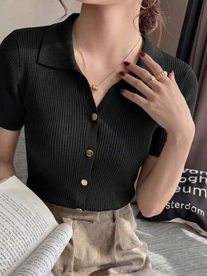 T-shirt tricoté à manches courtes raglan col polo à la mode pour femmes, nouveau cardigan léger et décontracté pour le printemps/été, noir