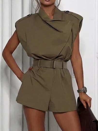 Mono elegante de mujer para uso diario con solapa, diseño de tirantes, sin mangas, cintura ceñida, color caqui, adecuado para uso empresarial y de oficina, primavera/verano