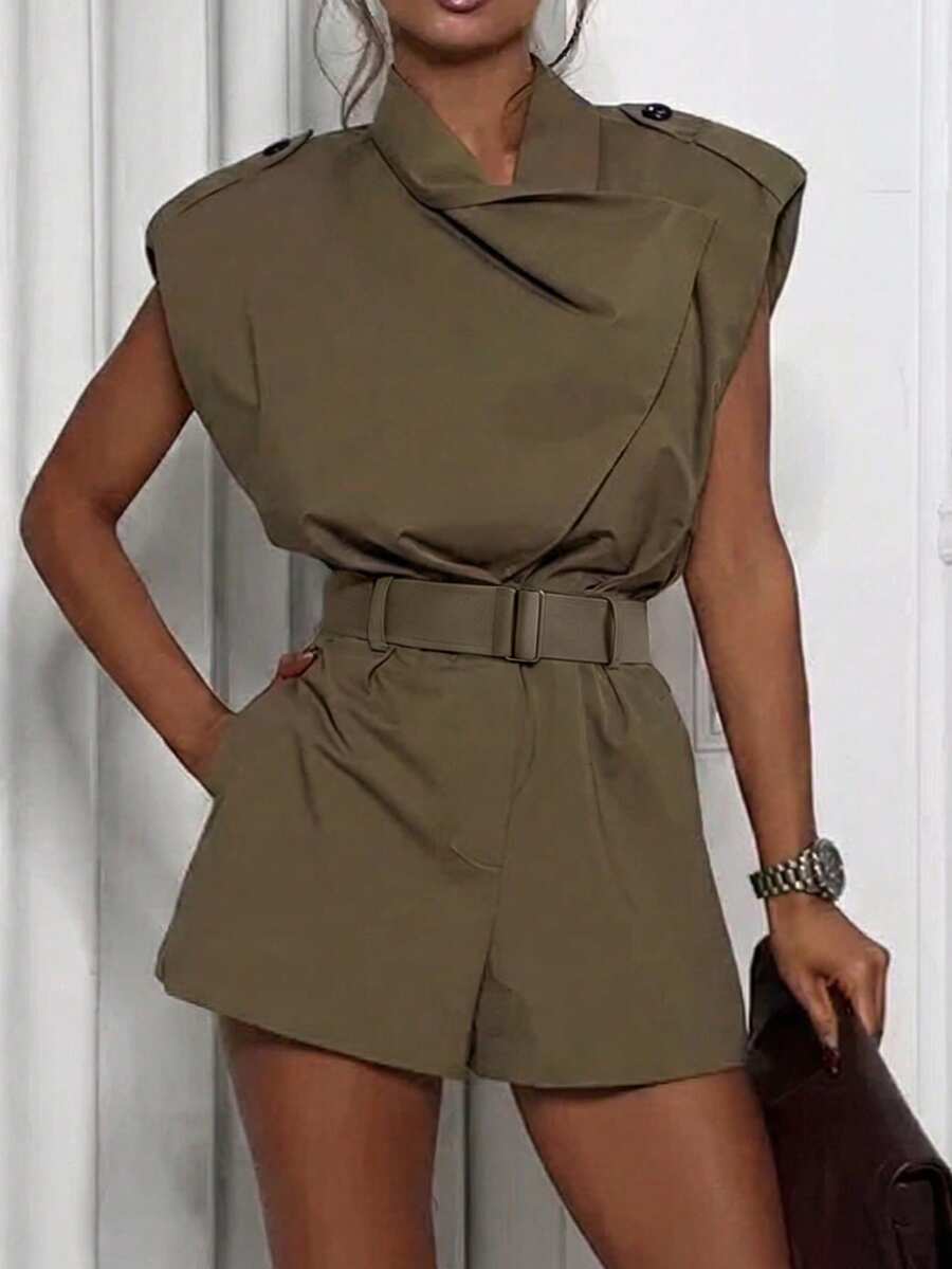 Bộ jumpsuit công sở thanh lịch dành cho nữ, có ve áo, thiết kế dây đeo vai, không tay, eo thắt, màu kaki, phù hợp cho trang phục công sở, mùa xuân/hè. - xanh quân đội - Xem 1