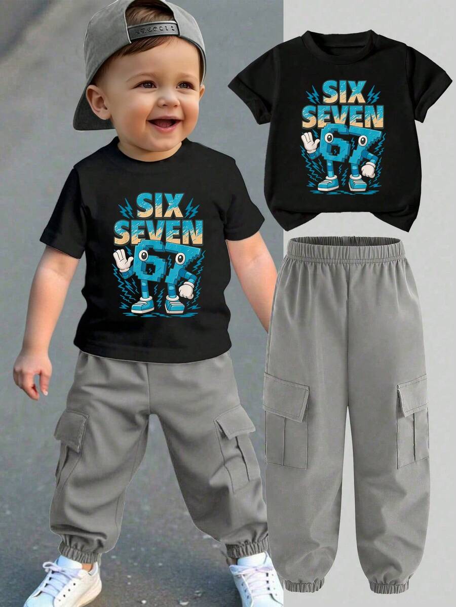 Bộ đồ thể thao thường ngày cho bé trai gồm áo thun ngắn tay và quần cargo in hình hoạt hình số và chữ cái, thích hợp cho mùa xuân/hè/thu. - màu đen - Xem 1