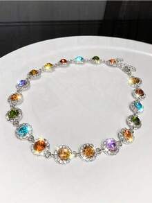 Colorful Rhinestones Necklace Designed To Elevate Holiday Celebrations Birthday Parties And Everyday Outfits Offering A Stylish Accessory For Girls That Adds A Touch Of Glamour And Sparkle To Any Ensemble Perfect For Gifting Or Personal Use. - Bạc - Xem 3