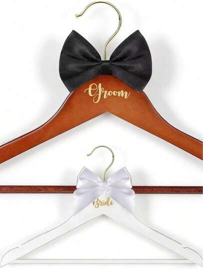 2pcs Bride And Groom Wedding Dress Hangers, Wooden Wedding Dress Hangers With Bow Tie, Mr. & Mrs. Hangers, Bridal Wedding Dress Hanger, Wooden Hangers, Wedding Gift, Bridal Shower Gift, Decor, Holiday Decor, Home Decor, Bedroom Decor, Spring/Summer Tops